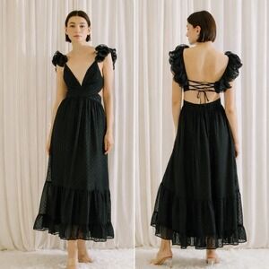STORIA Black Fairy Prom Maxi Dress M Whimsy Goth Plunging Neck Lace Up Back NWT